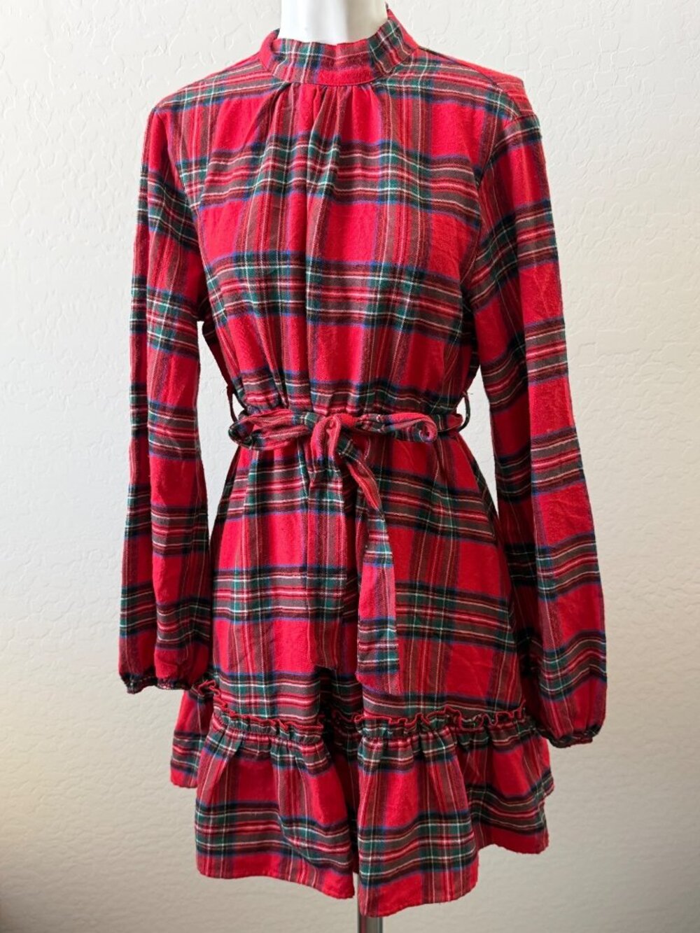 Cupshe Red Plaid Long Sleeve Tie Neck Ruffle Hem Mini Dress Size M B935